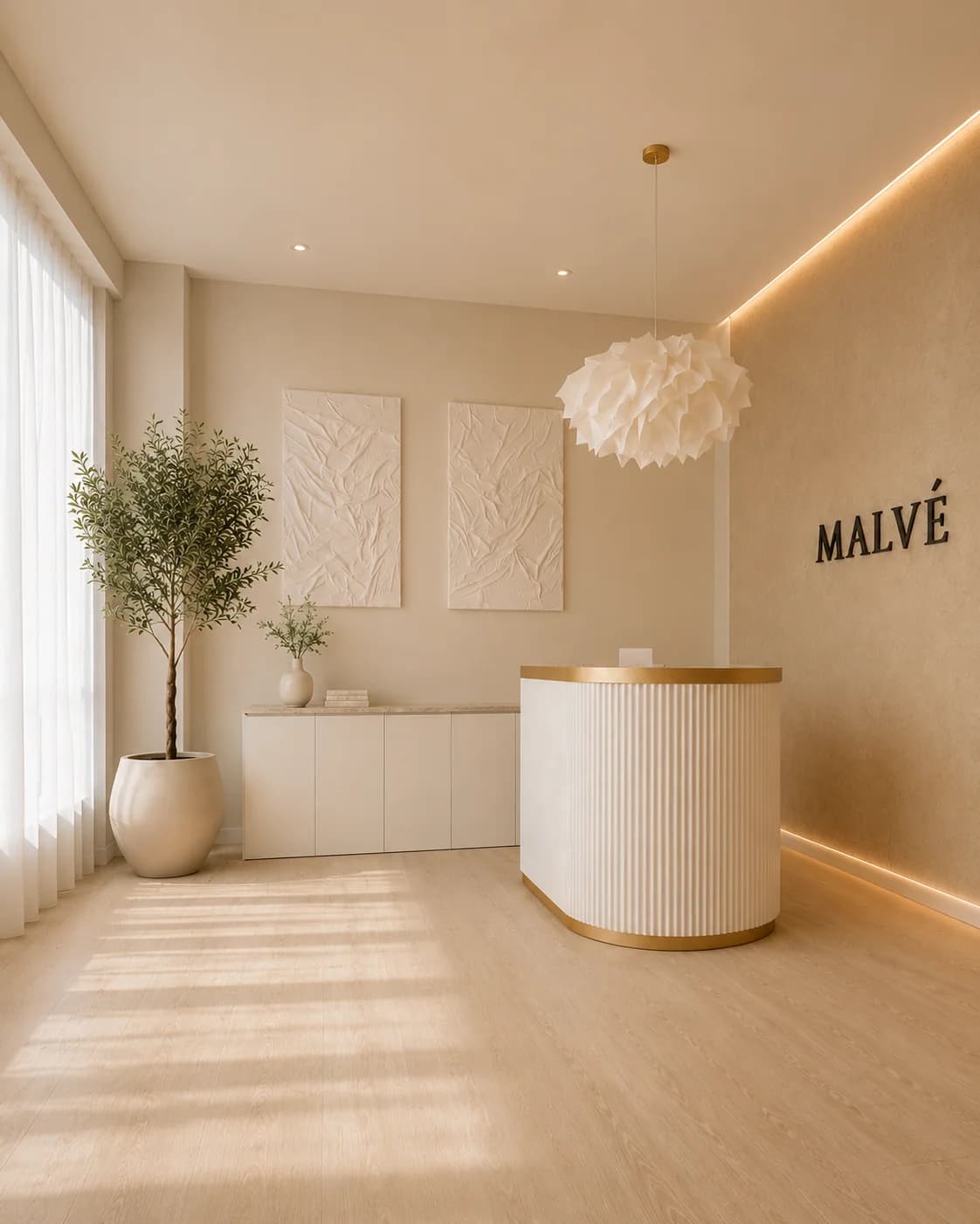 Interior reception MALVÉ Clinic Kemang dengan nuansa hangat