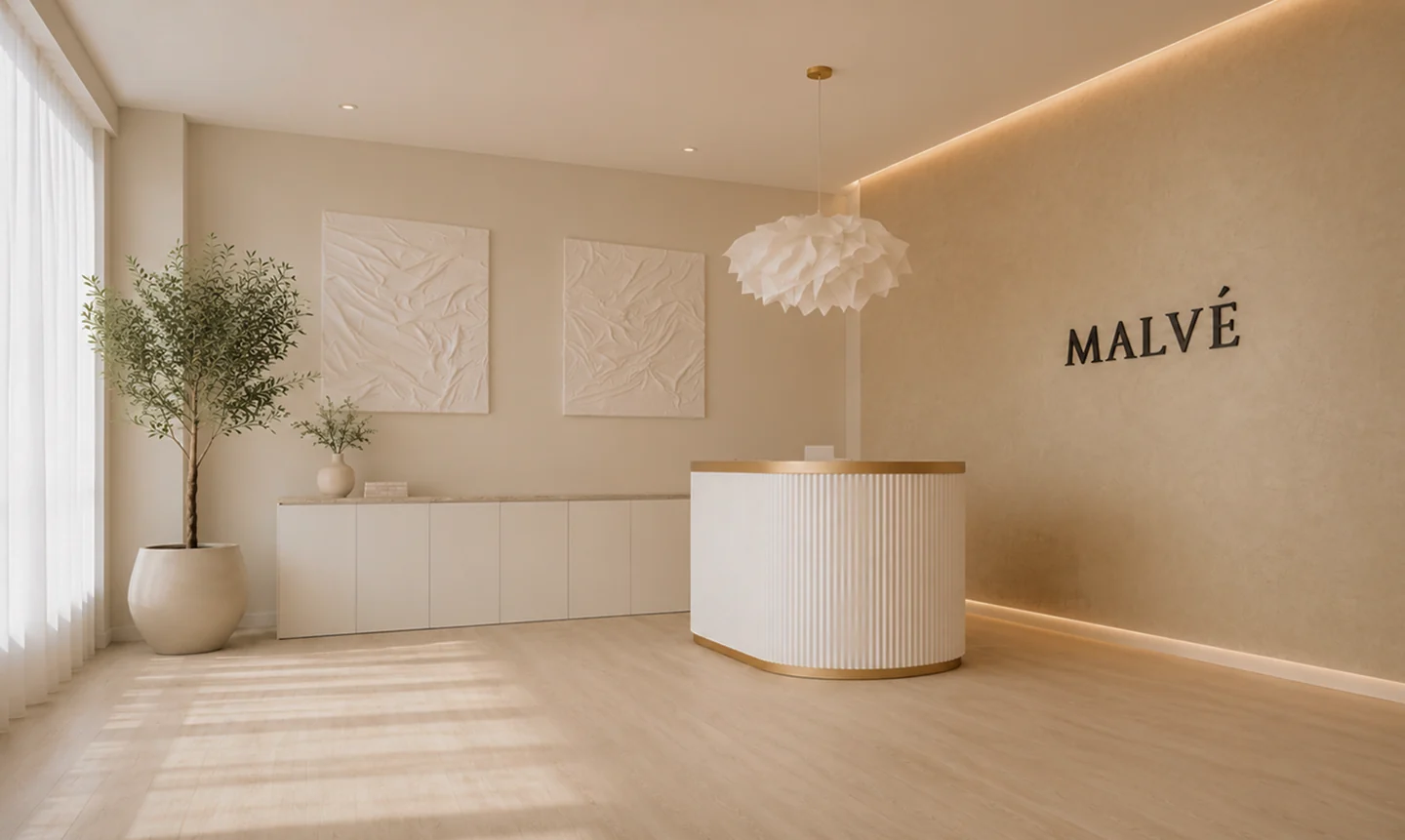 Reception MALVE Clinic dengan interior hangat dan area konsultasi